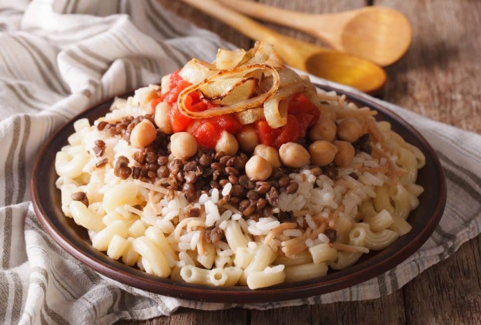Egyptian food dishes including koshary and taameya