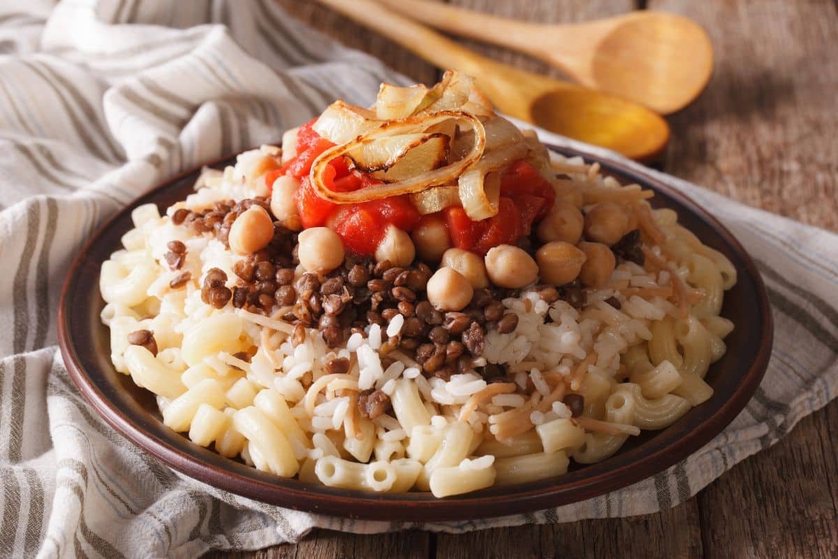 Egyptian food dishes including koshary and taameya