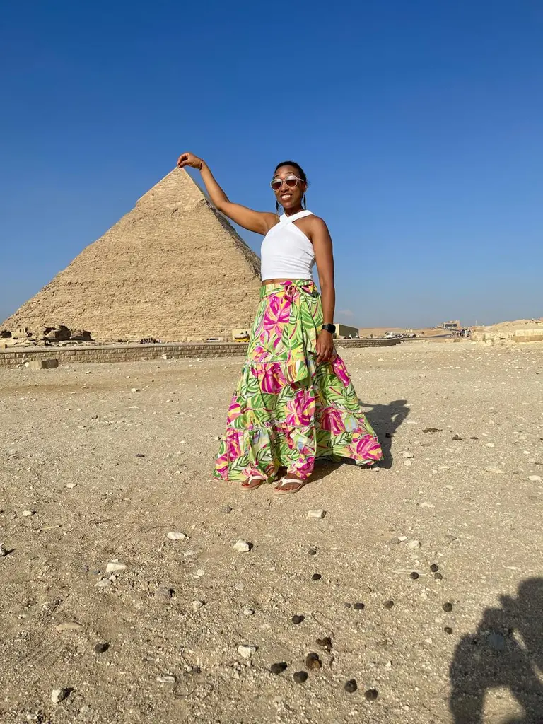 Panoramic view of the three Giza pyramids