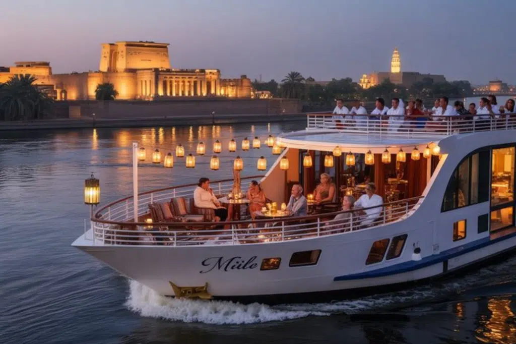 Nile cruise ship at dusk passing a lit-up temple