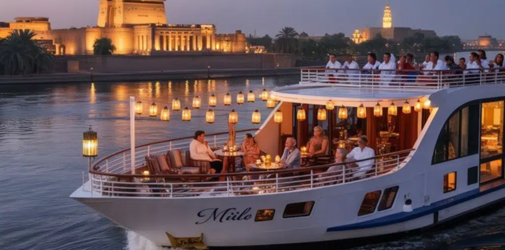 Nile cruise ship at dusk passing a lit-up temple